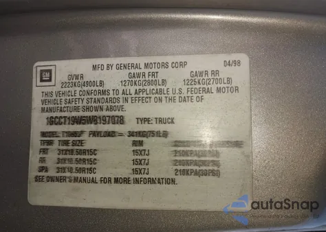 1998 Chevrolet S-10 Ls z USA, uszkodzony, nr VIN 1GCCT19W5W8197078